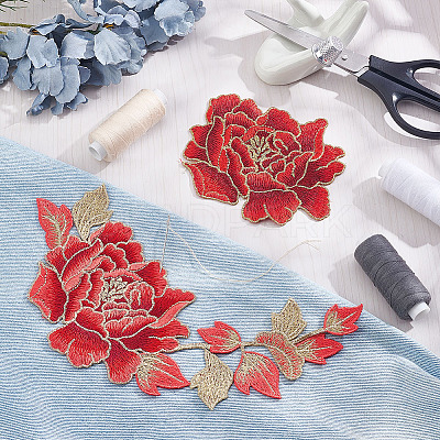 2Pcs 2 Style Peony Polyester Embroidery Sew on Clothing Patches PATC-NB0001-11C-1