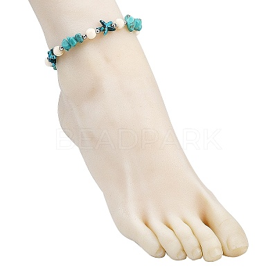 5Pcs 5 Styles Dyed Synthetic Turquoise Starfish & Natural White Moonstone & Lapis Lazuli & Flower Amazonite & Rose Quartz Chip Beaded Anklets with 304 Stainless Steel End Chains AJEW-AN00733-1