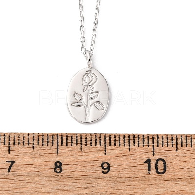 925 Sterling Silver Oval with Engraved Rose Flower Pendant Necklaces for Women NJEW-D316-03P-1