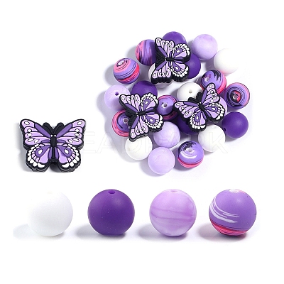 25Pcs Butterfly & Round Silicone Focal Beads SIL-L005-02B-1