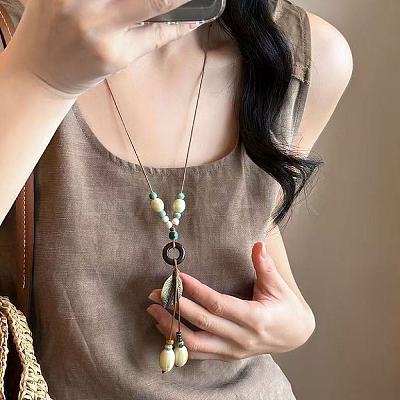 Chinese Style Porcelain & Alloy & Wood Leaf Pendant Adjustable Waxed Cord Long Necklaces for Women WG8DC5B-01-1