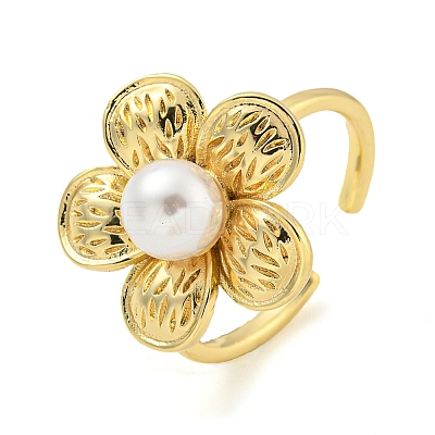 Flower ABS Plastic Imitation Pearl Beaded Open Cuff Ring RJEW-P106-01G-1