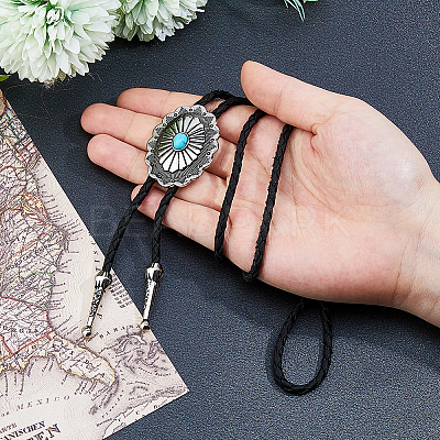 Adjustable Zinc Alloy Pave Synthetic Turquoise Oval Black PU Leather Cord Bolo Tie Lariat Necklaces NJEW-WH0035-04AS-1