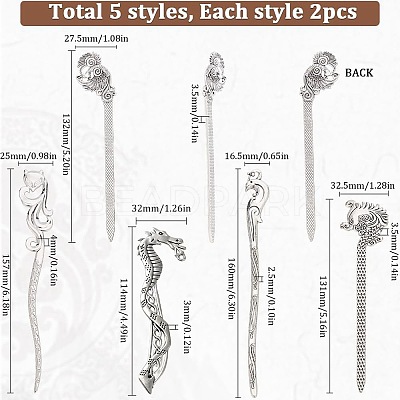 10Pcs 5 Styles Fox Swan Peacock Tibetan Style Alloy Bookmarks FIND-SC0009-01-1