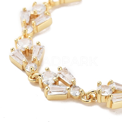 Rack Plating Brass Pave Clear Cubic Zirconia Rectangle & Flat Round Link Chain Bracelets for Women BJEW-R317-10G-1