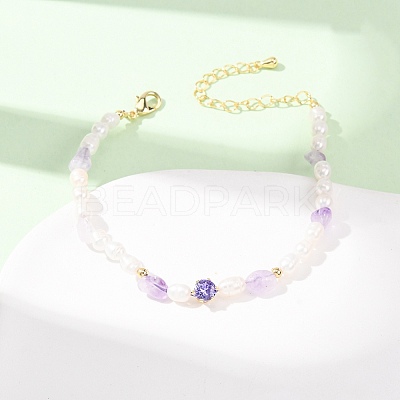 Natural Lavender Amethyst Chip and Rice Natural Pearl Beaded Bracelets GG-CBA3297-13G-G-1