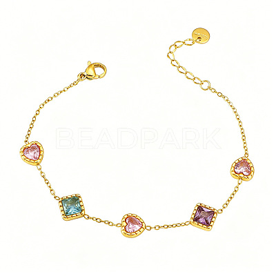 304 Stainless Steel Pave Colorful Cubic Zirconia Rhombus Heart Link Bracelets for Women WG7C819-01-1