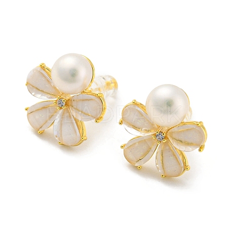 Cubic Zirconia Flower Stud Earrings with Natural Pearl EJEW-020-08G-1