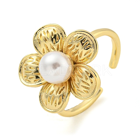 Flower ABS Plastic Imitation Pearl Beaded Open Cuff Ring RJEW-P106-01G-1