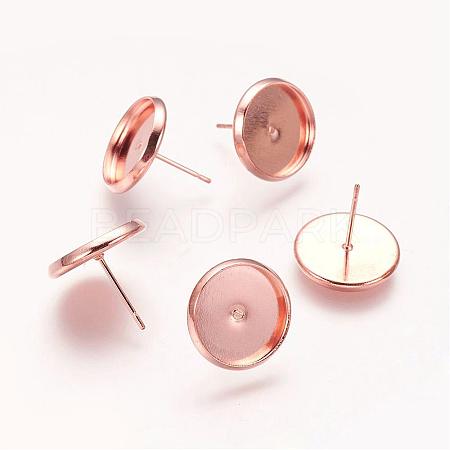 Flat Round Brass Stud Earrings Settings KK-E589-14mm-RG-NR-1