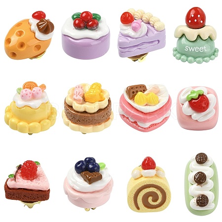 12Pcs 12 Styles Cute Fruit Cake Themed Resin Pins JEWB-CJ0003-11-1