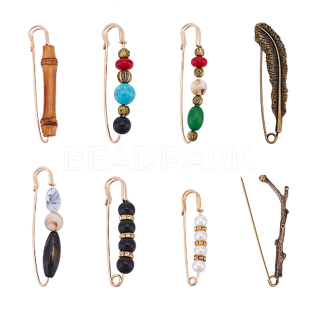  8Pcs 8 Style Branch & Feather & Bamboo Shape Alloy & Iron Safety Pin Brooches JEWB-NB0001-15-1