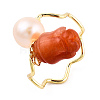 Natural Pearl with Jade Flower Open Cuff Ring RJEW-T026-02G-1