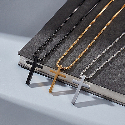 3Pcs 3 Colors Stainless Steel Cross Pendant Necklace with Box Chains NJEW-AN0001-76-1