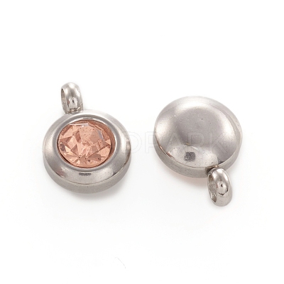 Trendy Original Color 304 Stainless Steel Grade A Rhinestone Flat Round Charm Pendants RB-M030-06Z-1