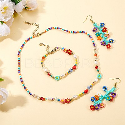 Natural Pearl & Glass Seed Beaded Necklace & Bracelet & Dangle Earrings SJEW-SW00008-1