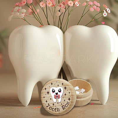 Round Beech Wooden 3D Engraved My First Tooth Box CON-WH0120-004-1