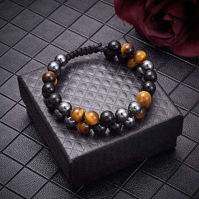 Natural Obsidian & Tiger Eye & Synthetic Hematite Braided Bead Bracelet BJEW-SW00001-22-1