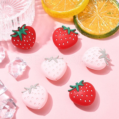 6Pcs 2 Colors Strawberry Food Grade Eco-Friendly Silicone Focal Beads SIL-YW0001-60-1