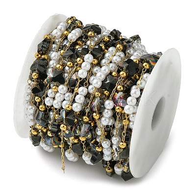 10M Ion Plating(IP) 304 Stainless Steel & ABS Plastic Pearl Bead & Butterfly Glass Link Chains CHS-G035-04G-01-1