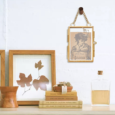 Rectangle Mini Brass Wall Hanging Photo Frame for Pressed Flower with Chain ODIS-WH0061-05AG-1