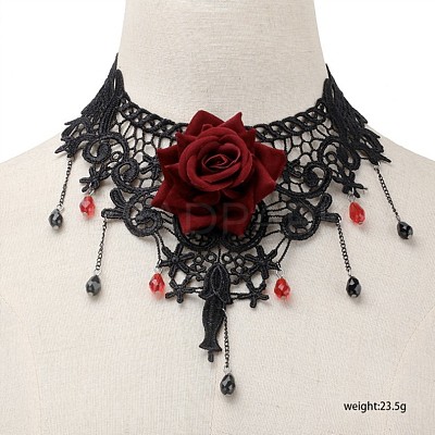 Gothic Alloy Glass Lace Rose Flower Statement Bib Choker Necklaces for Women FS-WGE10D6-03-1