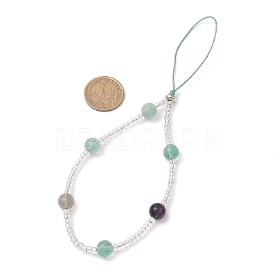 Natural Rainbow Fluorite & Glass Seed Round Beaded Phone Hand Strap Chains HJEW-JM03363-02-1