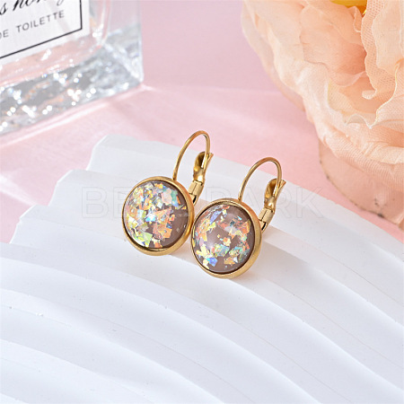 Flat Round 201 Stainless Steel Natural Shell Leverback Earrings FS-WG6391F-03-1