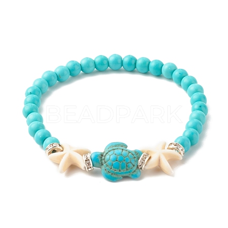 Synthetic Turquoise(Dyed) Starfish & Turtle Stretch Bracelet BJEW-JB07702-02-1