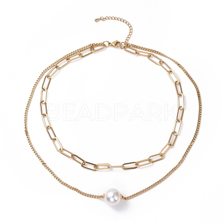 Vacuum Plating 304 Stainless Steel Double Chains Multi Layered Necklaces Necklace with Plastic Pearl Beaded for Women STAS-E155-01G-1