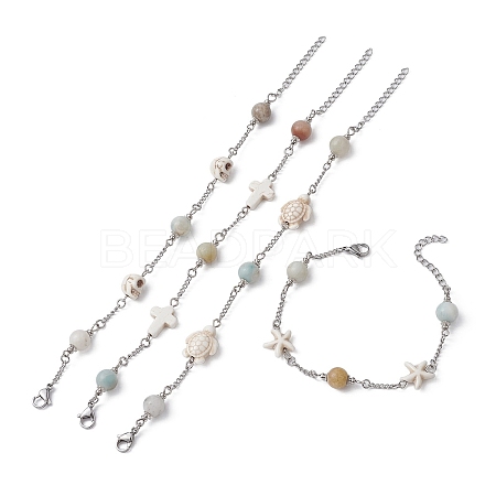 4Pcs 4 Style Natural Flower Amazonite & Synthetic Turquoise Beaded Link Chain Bracelets Set BJEW-JB09518-1