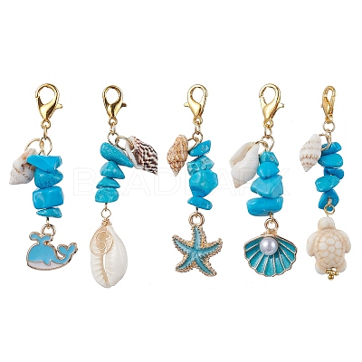 5Pcs 5 Styles Alloy Enamel & Shell Pendant Decoraiton HJEW-JM01656-1