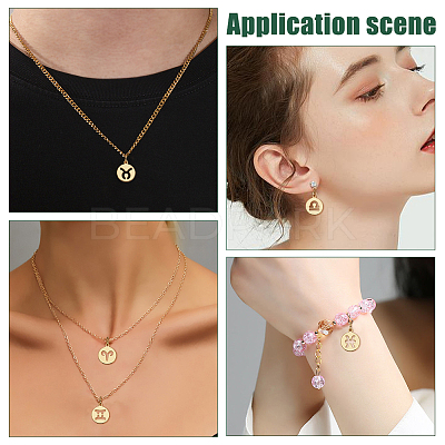 12Pcs 12 Styles Flat Round with Twelve Constellations Brass Charms PALLOY-WR00028-1