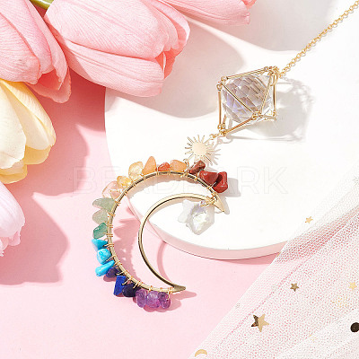 Natural & Synthetic Gemstone Chip Pendant Decorations with Brass Moon & Cable Chain HJEW-JM01646-1