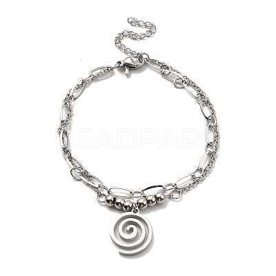 Tarnish Resistant 304 Stainless Steel Paperclip & Cable Chains Double Layer Multi-strand Bracelet with Charm for Women BJEW-C025-07P-1