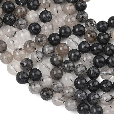 Natural Tourmalinated Quartz/Black Rutilated Quartz Beads Strands G-D361-01A-6-7mm-1