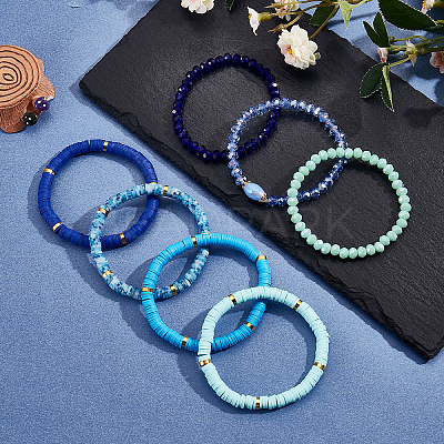 7Pcs 7 Style Handmade Polymer Clay Heishi Surfer Stretch Bracelets Set BJEW-SW00073-06-1