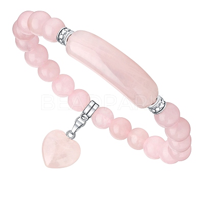 Natural Rose Quartz Curved Rectangle Stretch Braclets with Heart Charm PW-WG54678-02-1