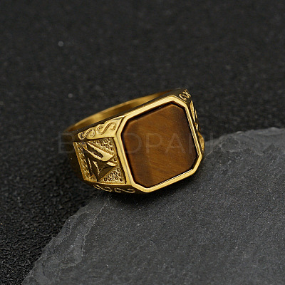 304 Stainless Steel with Natural Tiger Eye Finger Rings FS-WG06E27-01-1
