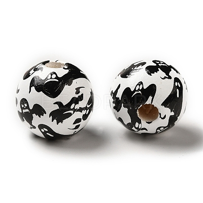 Printed Round Wood European Beads WOOD-M006-01-1