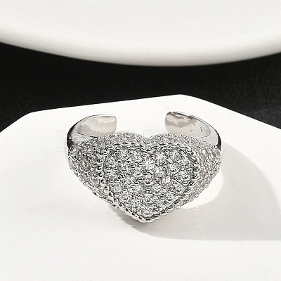 Heart Brass Micro Pave Cubic Zirconia Cuff Rings for Women RJEW-A069-11P-01-1