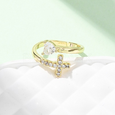 Brass Micro Pave Cubic Zirconia Cuff Rings for Women RJEW-L334-04G-1