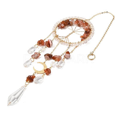 Wire Wrapped Natural Red Agate Chip Tree of Life Window Hanging Prism Ornaments HJEW-TA00283-02-1