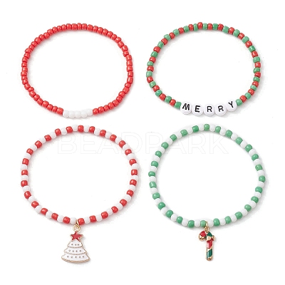 4Pcs 4 Styles Christmas 4mm Round Glass Seed Beaded Stretch Bracelet Sets BJEW-TA00500-1