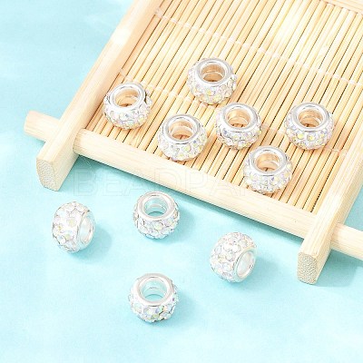 Polymer Clay Rhinestone European Large Hole Beads with Silver Color Plated Brass Cores X-FPDL-R002-15-1