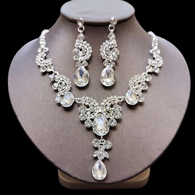 Teardrop Alloy Acrylic Rhinestone Pendant Necklaces & Stud Earrings Sets FS-WG537BF-01-1
