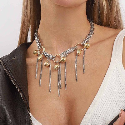 Brass & Alloy Round Ball Chain Tassel Bib Necklaces for Women WGA86A7-01-1