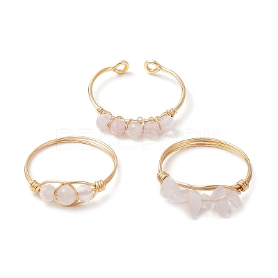 3Pcs Natural Rose Quartz Bead Finger Ring RJEW-JR00855-03-1