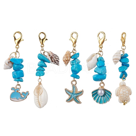 5Pcs 5 Styles Alloy Enamel & Shell Pendant Decoraiton HJEW-JM01656-1