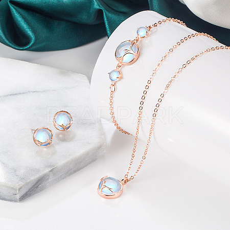 Flat Round with Deer Horn Pattern Brass & Natural Moonstone Pendant Necklaces & Stud Earrings & Link Bracelets Sets WG9EF84-08-1